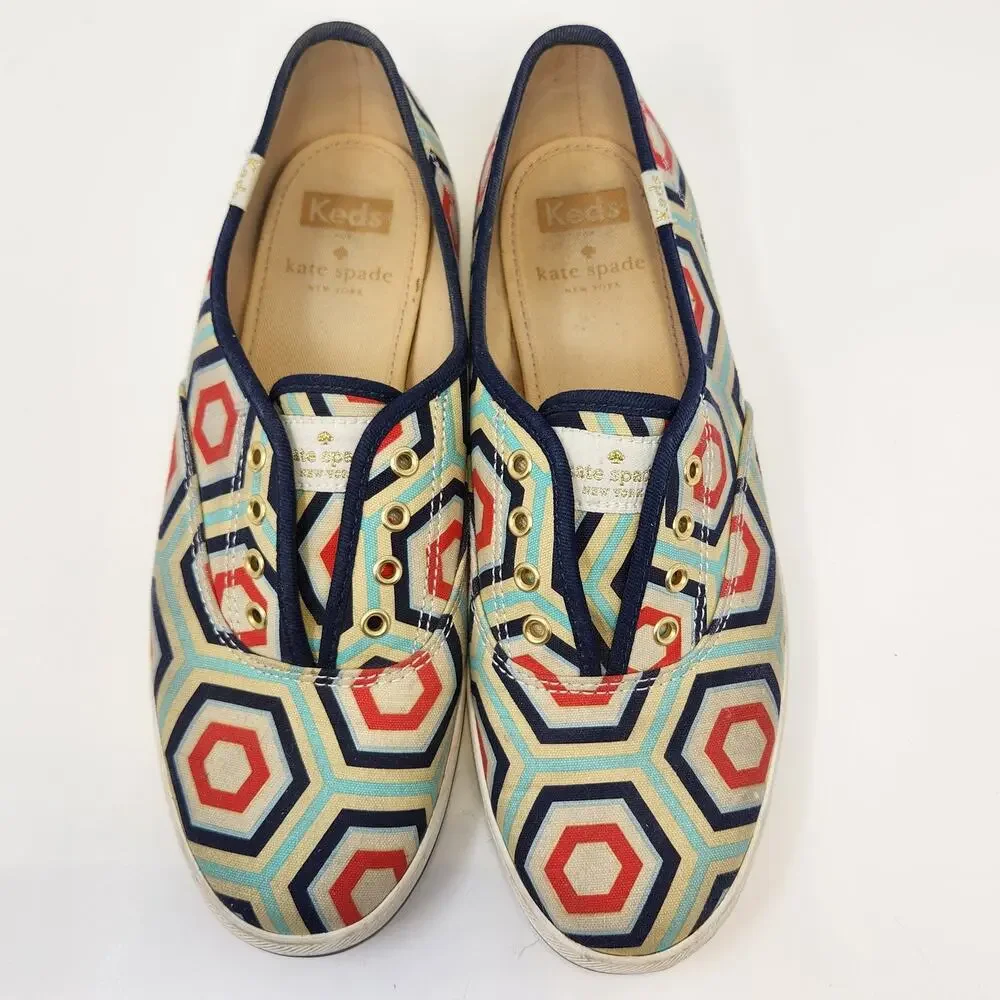 Kate Spade Keds Champion Geo Slip On Canvas Sneakers Size 7.5 Red Blue Retro